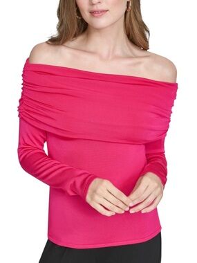 Halston Lipstick Pink Ruched Draped  Off-The-Shoulder Long Sleeve Top NEW XS